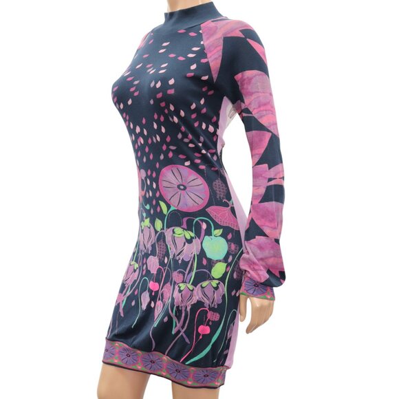 CUSTO BARCELONA Flower POPPY Motorcycle Print Long Sleeve Body Con Dress M/L - Picture 6 of 10
